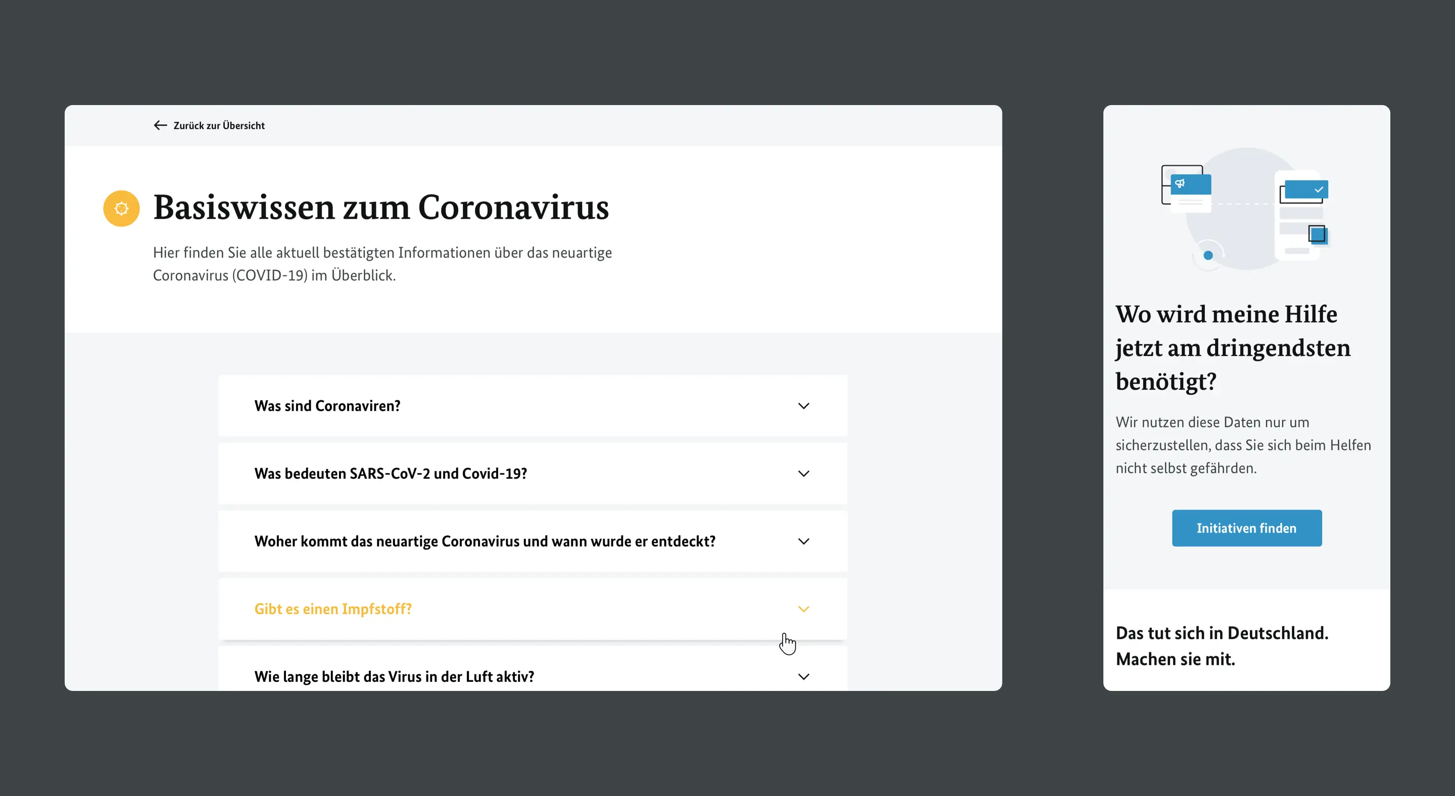 Zusammen gegen Corona first basic screens